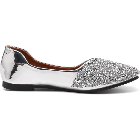 Fsfdamai Flat Shoes Women Silver Leather Square Toe Bling Glitter Casual Shoes - Picture 2 of 7